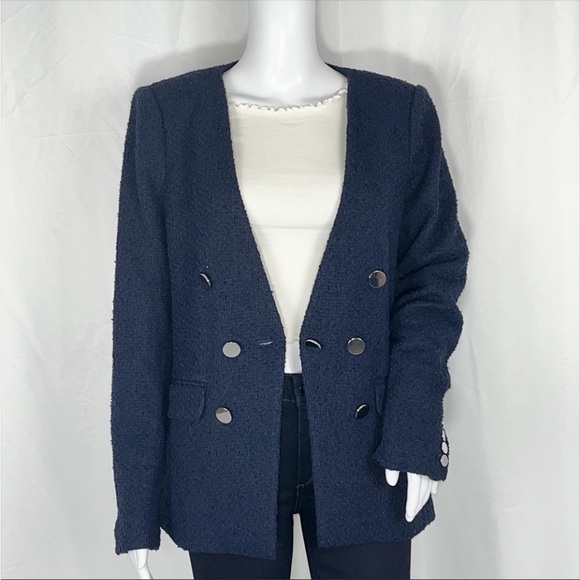 CalvinKlein Navy Long Sleeves Tweed-Like Buttons Blazer Jacket Sz12 Flap Pockets - Picture 2 of 16